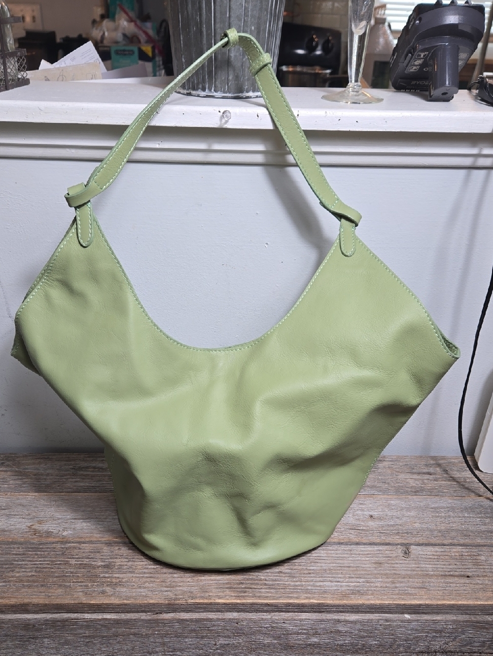 Green Leather Slouchy Tote Shoulder Bag